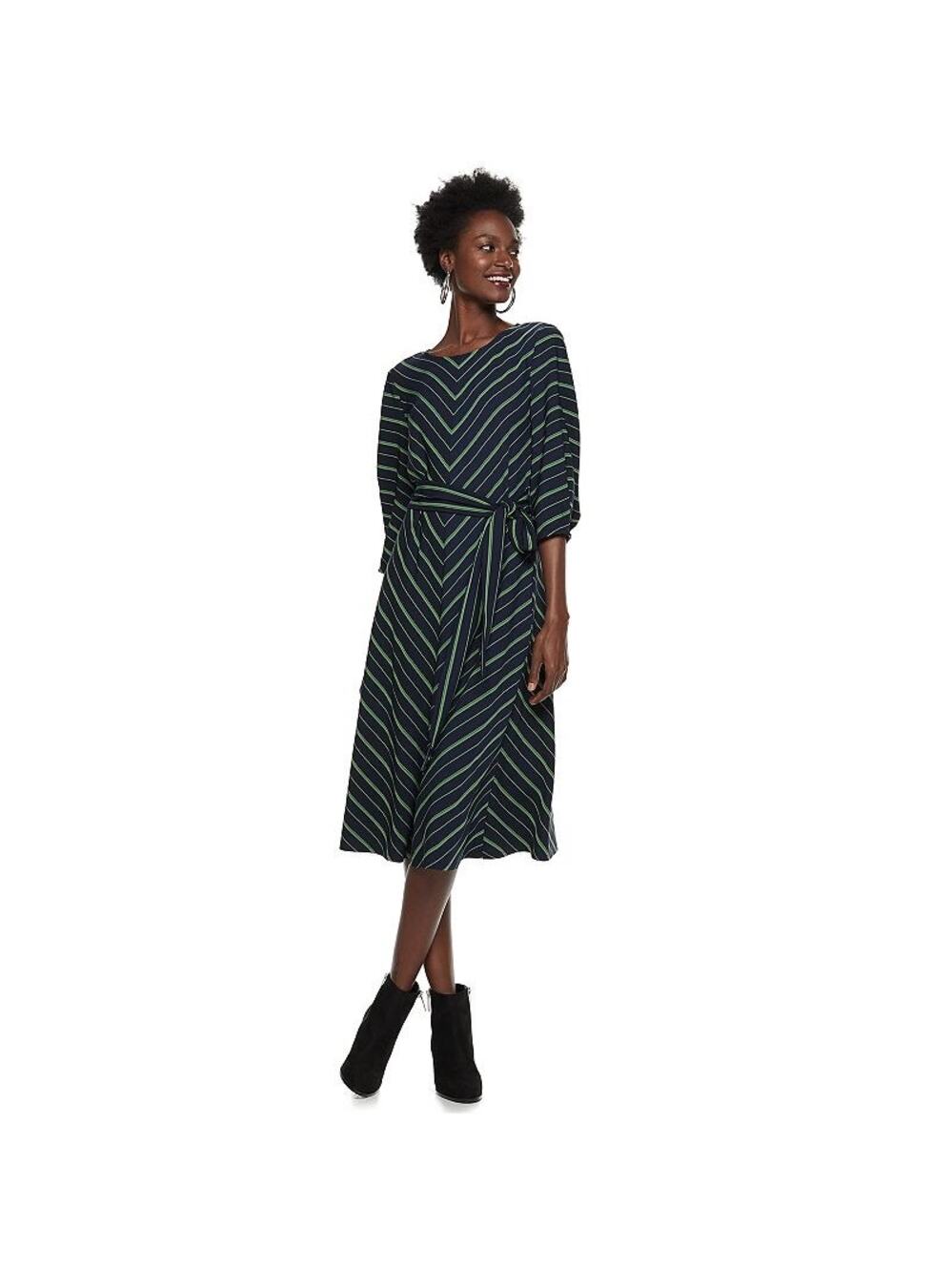 Nine West Striped V Neck A Line Dress Size S Small Green Multi